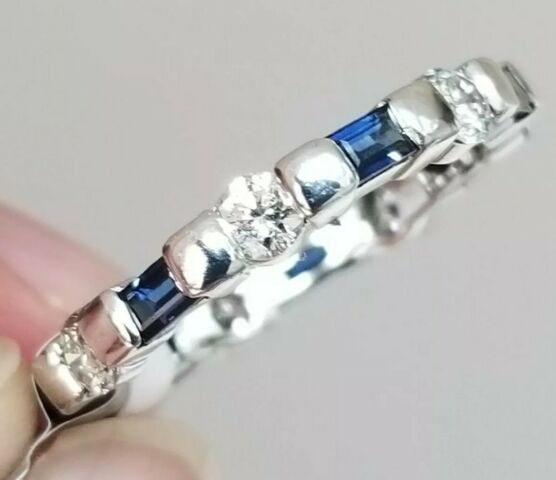 Wedding  band, Sapphire & Diamond 1.50 Carat ,14K  3.4gr White Gold , Size 6.5