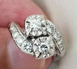 2 stones Diamond ring, 0.90 Cts.G SI1 Diamond Ring,14K 4.6gr White Gold,Size 6.5